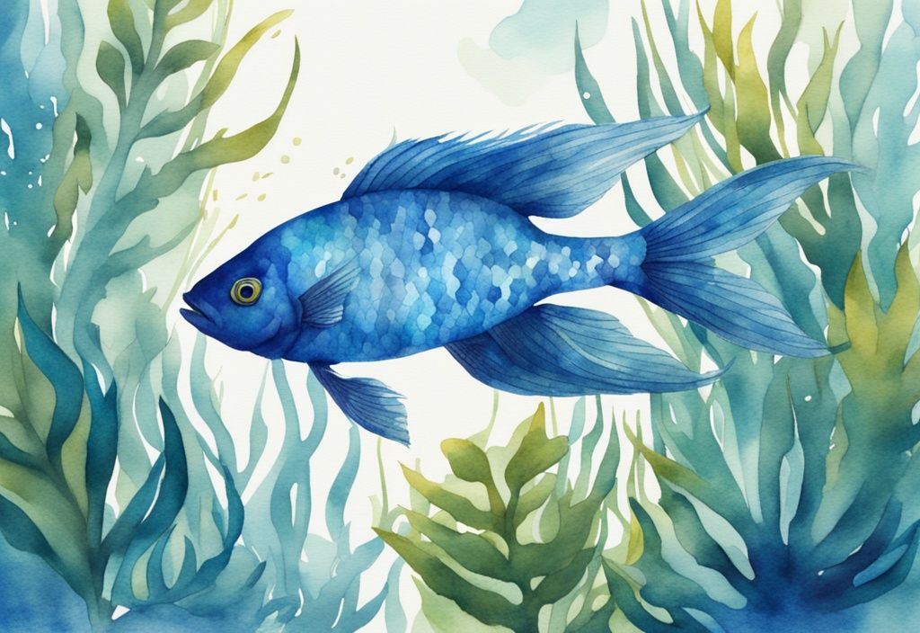 Illustration moderne en aquarelle d'un poisson bleu aquarium vibrant nageant élégamment parmi des plantes sous-marines luxuriantes dans un aquarium clair et bien entretenu.