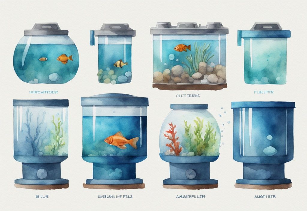 Illustration moderne en aquarelle montrant un infographique détaillé sur l'ordre de disposition des filtres d'aquarium, thème de couleur bleu.