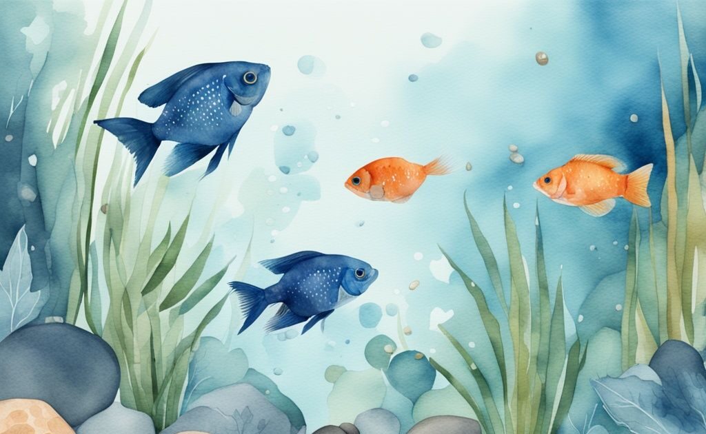 Illustration aquarelle moderne de petit poisson aquarium eau douce, nageant parmi des plantes aquatiques et des galets.