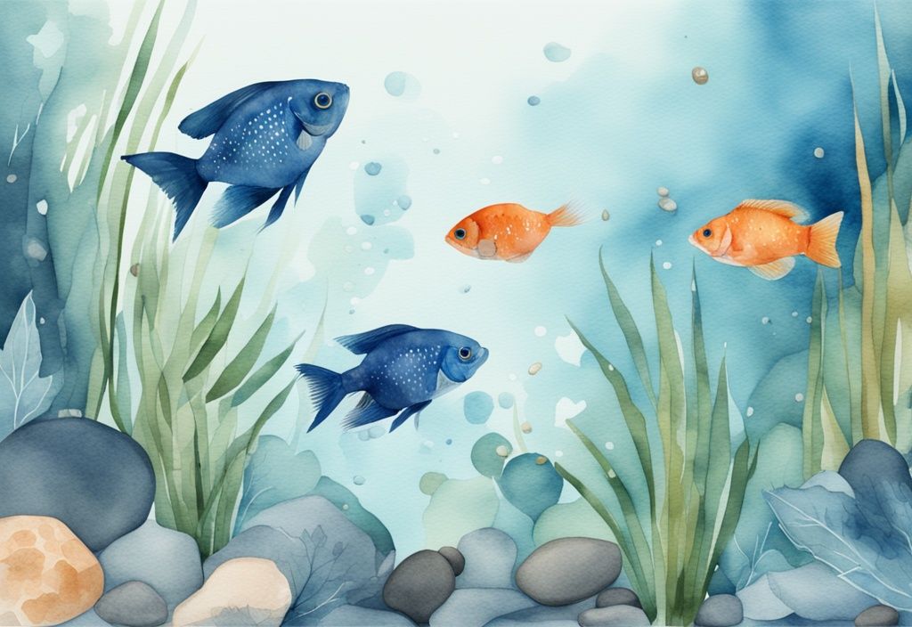 Illustration aquarelle moderne de petit poisson aquarium eau douce, nageant parmi des plantes aquatiques et des galets.