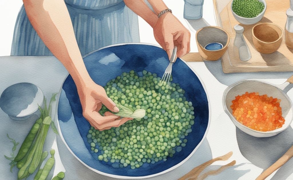 Illustration aquarelle moderne bleue de mains préparant des légumes hachés finement et des pois bouillis dans une cuisine bien éclairée, avec un bocal en verre contenant un poisson rouge à proximité, nourriture poisson rouge fait maison.