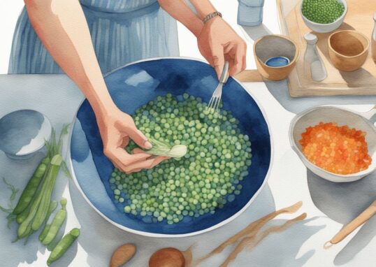 Illustration aquarelle moderne bleue de mains préparant des légumes hachés finement et des pois bouillis dans une cuisine bien éclairée, avec un bocal en verre contenant un poisson rouge à proximité, nourriture poisson rouge fait maison.