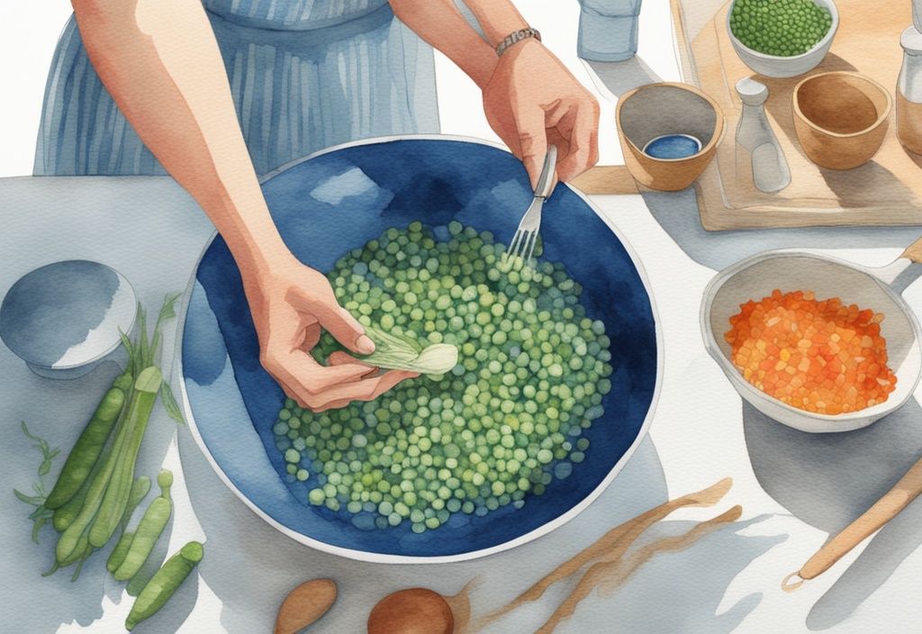 Illustration aquarelle moderne bleue de mains préparant des légumes hachés finement et des pois bouillis dans une cuisine bien éclairée, avec un bocal en verre contenant un poisson rouge à proximité, nourriture poisson rouge fait maison.