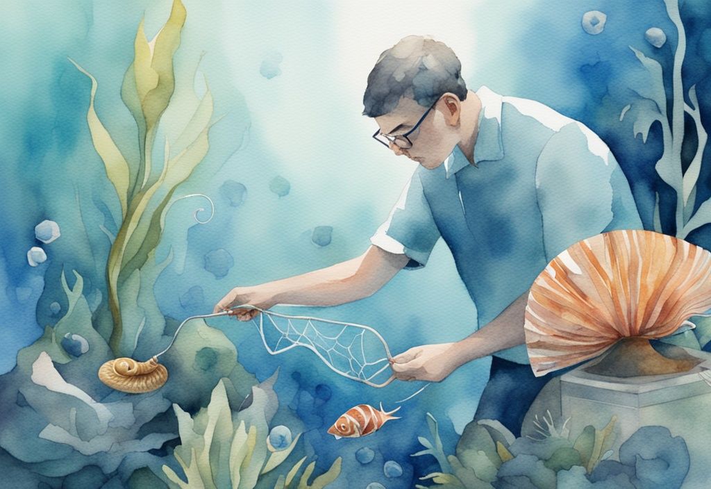 Illustration moderne en aquarelle d'une personne extrayant délicatement un escargot d'un aquarium lumineux avec un petit filet, thème bleu.