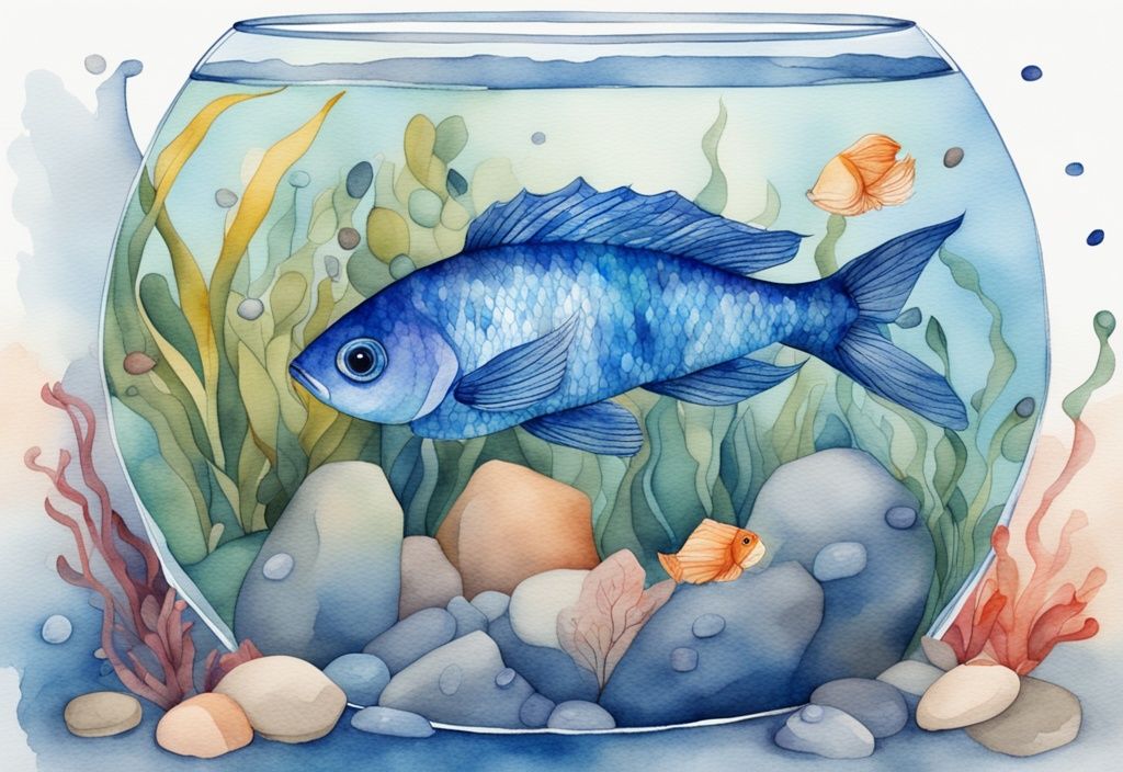 Illustration moderne en aquarelle d'un poisson bleu vibrant dans un aquarium décoré, entouré de galets colorés et de plantes aquatiques.