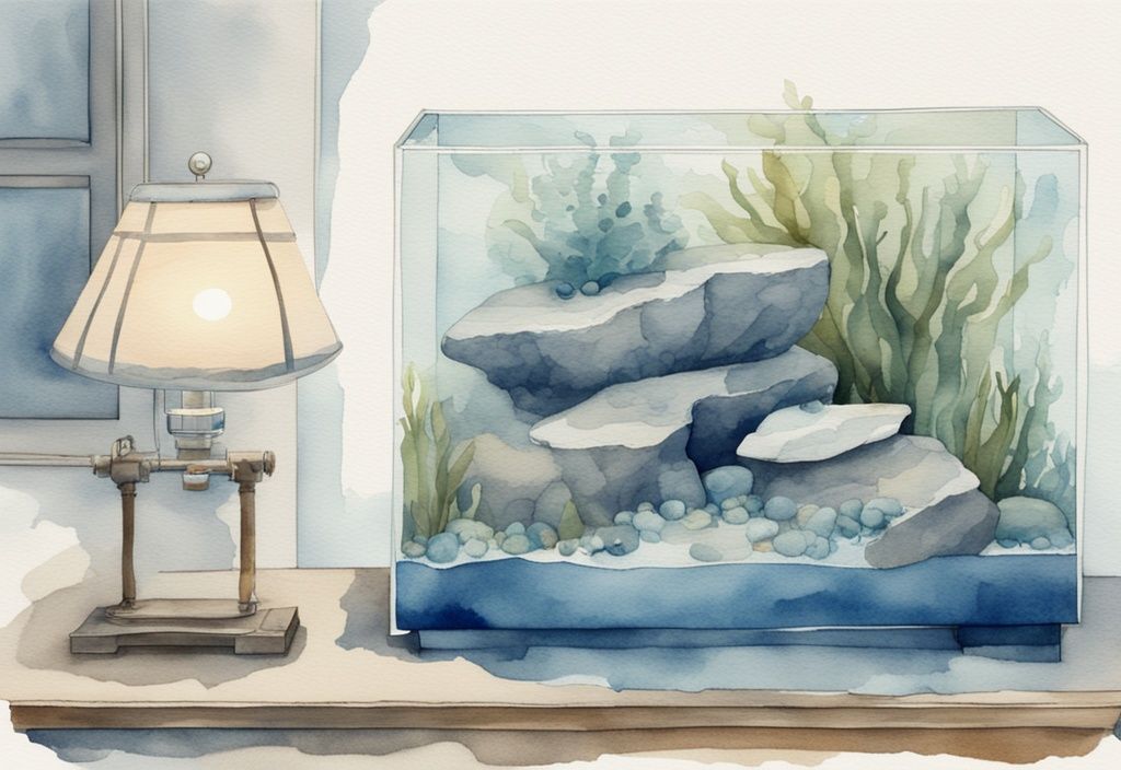 Illustration moderne en aquarelle d'un aquarium avec pierre inwa, pompe inactive, eau calme, thème bleu