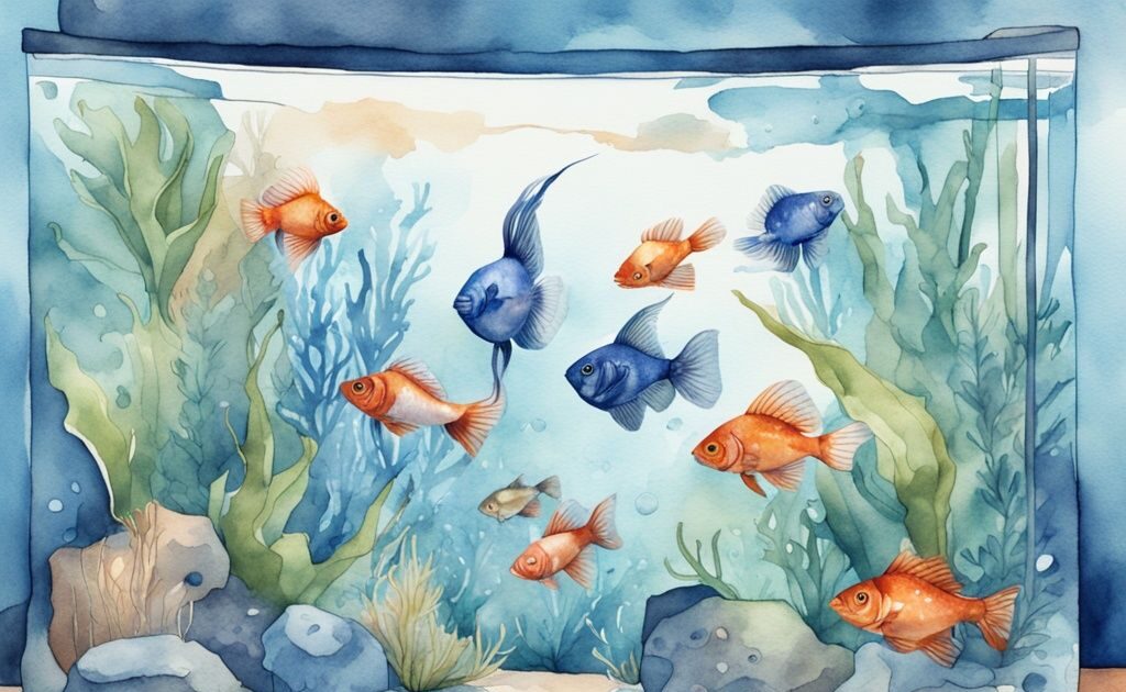 Illustration moderne en aquarelle de poissons d'aquarium les plus résistants, notamment des bettas, des poissons rouges et des guppies, nageant dans un aquarium décoré et bien éclairé.