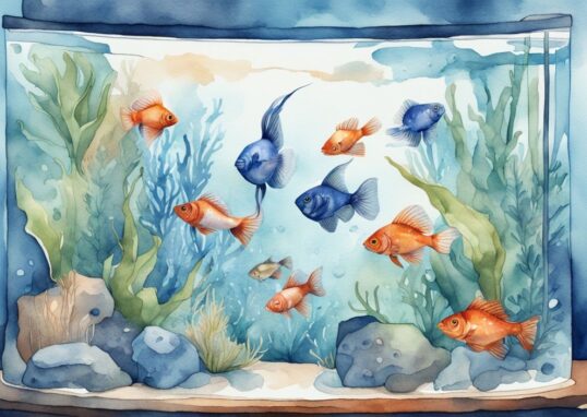 Illustration moderne en aquarelle de poissons d'aquarium les plus résistants, notamment des bettas, des poissons rouges et des guppies, nageant dans un aquarium décoré et bien éclairé.