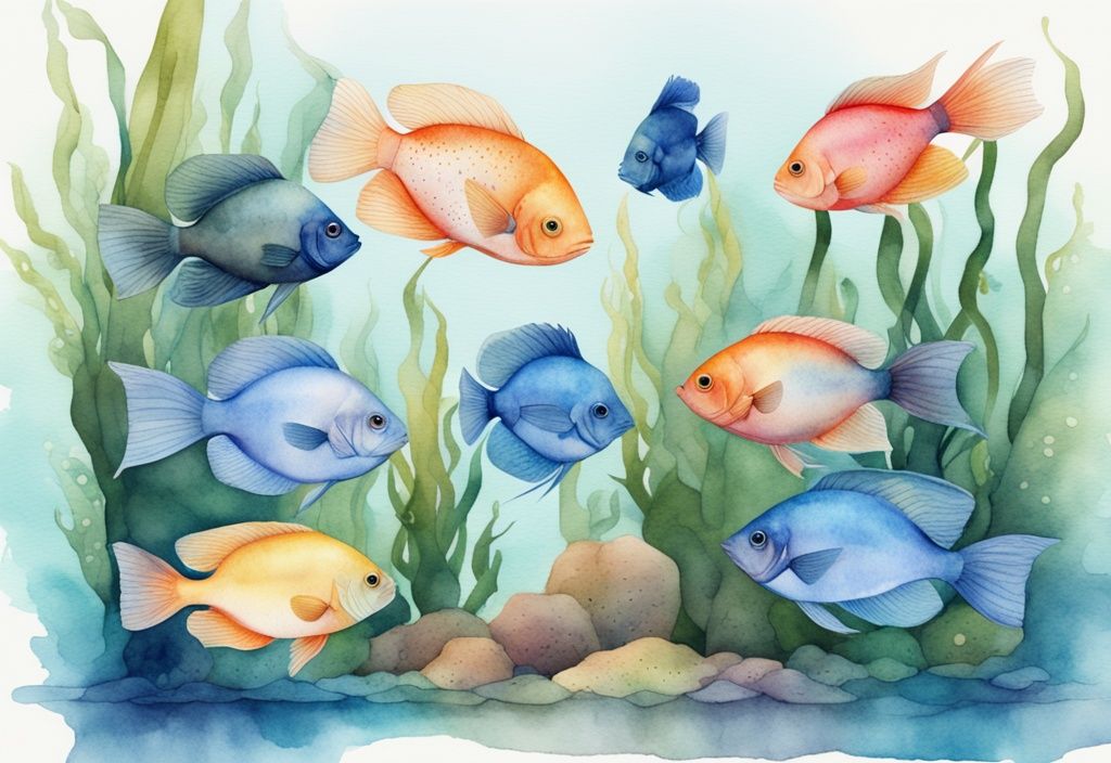 Illustration moderne en aquarelle de gouramis colorés dans un aquarium luxuriant, thème principal bleu.