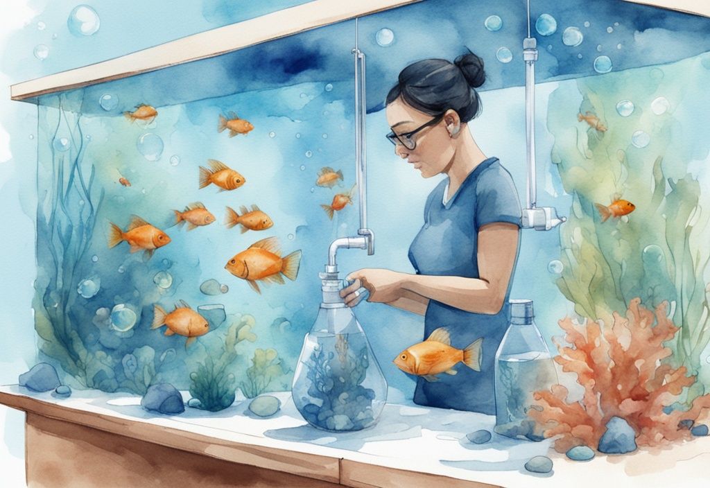 Illustration moderne en aquarelle d'une personne testant l'oxygène d'un aquarium rempli de poissons sains, avec des bulles provenant d'une pompe à oxygène sous-marine, thème principal bleu.