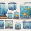 Illustration moderne en aquarelle de différents aquariums de tailles variées, du nano aquarium au grand aquarium professionnel, avec mesures indiquées - taille aquarium.