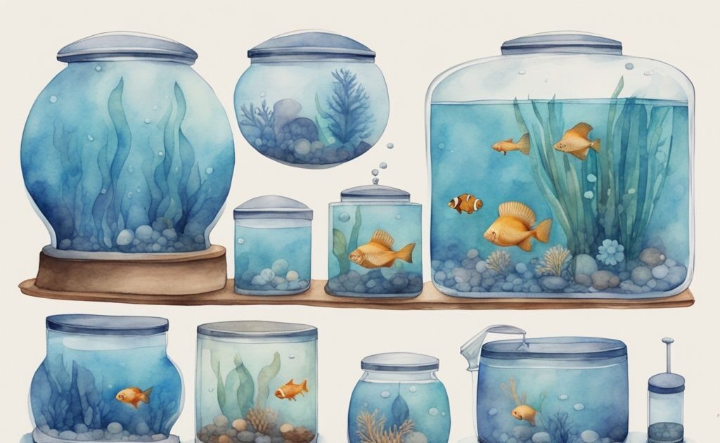 Illustration moderne en aquarelle de différents aquariums de tailles variées, du nano aquarium au grand aquarium professionnel, avec mesures indiquées - taille aquarium.