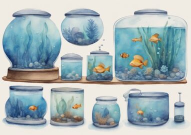 Illustration moderne en aquarelle de différents aquariums de tailles variées, du nano aquarium au grand aquarium professionnel, avec mesures indiquées - taille aquarium.