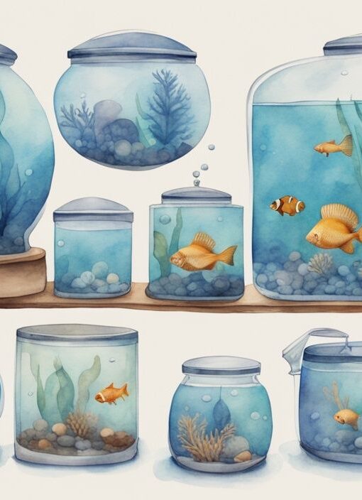 Illustration moderne en aquarelle de différents aquariums de tailles variées, du nano aquarium au grand aquarium professionnel, avec mesures indiquées - taille aquarium.