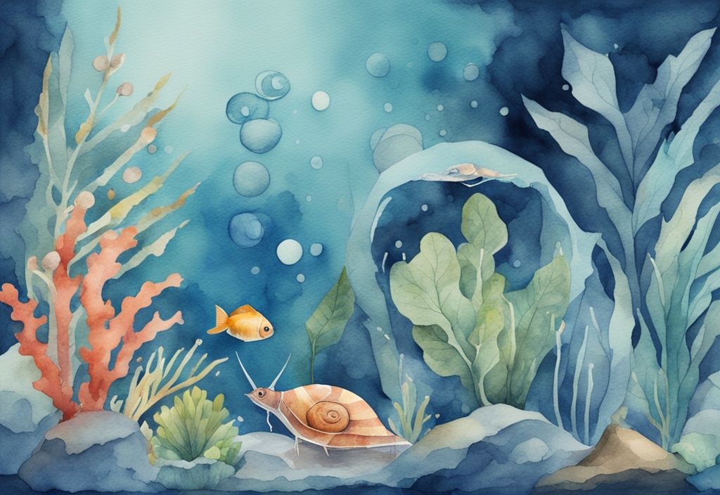 Illustration moderne en aquarelle d'un aquarium contrasté : un côté prospère avec plantes et poissons grâce à un escargot, l'autre côté trouble et malsain sans escargot.