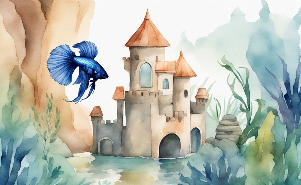 Illustration moderne en aquarelle d'un aquarium pour combattant avec un poisson Betta vibrant nageant parmi des rochers, des plantes et un petit château.