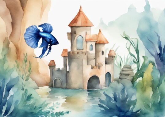 Illustration moderne en aquarelle d'un aquarium pour combattant avec un poisson Betta vibrant nageant parmi des rochers, des plantes et un petit château.