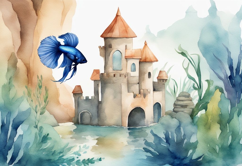 Illustration moderne en aquarelle d'un aquarium pour combattant avec un poisson Betta vibrant nageant parmi des rochers, des plantes et un petit château.