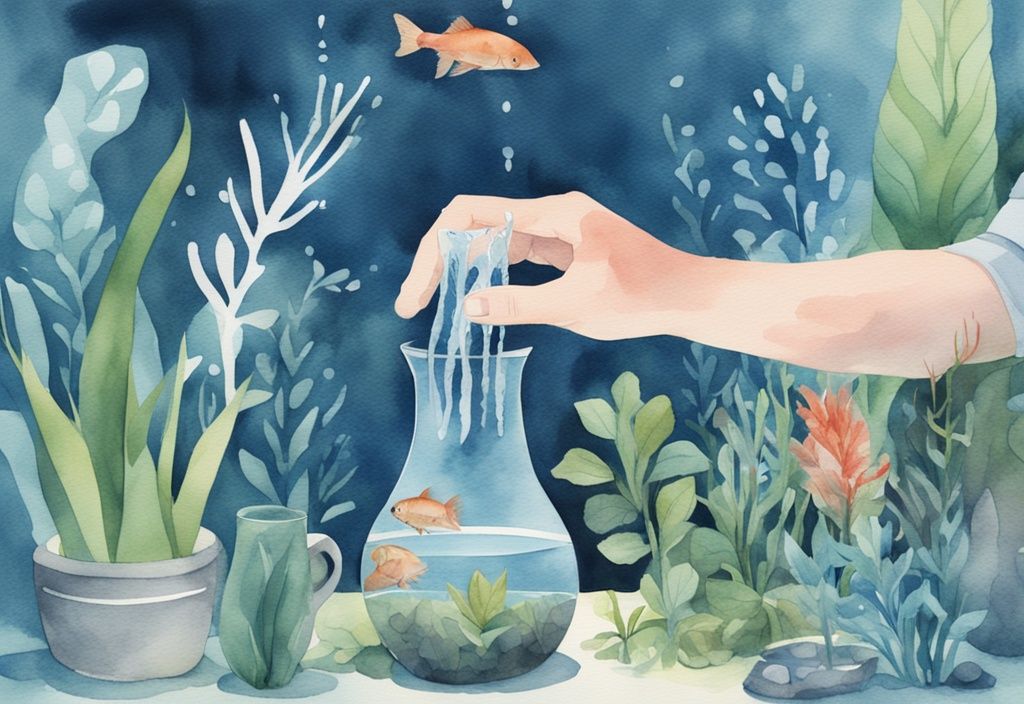 Illustration moderne en aquarelle montrant des mains plaçant un aérateur dans un aquarium rempli d'eau et de plantes aquatiques, thème bleu.