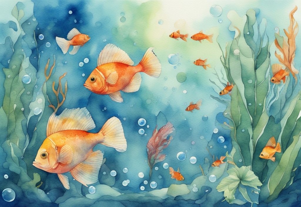 Illustration aquarelle moderne d'un aquarium avec des poissons tropicaux et des plantes flottantes, bulles montant vers la surface, thème bleu.