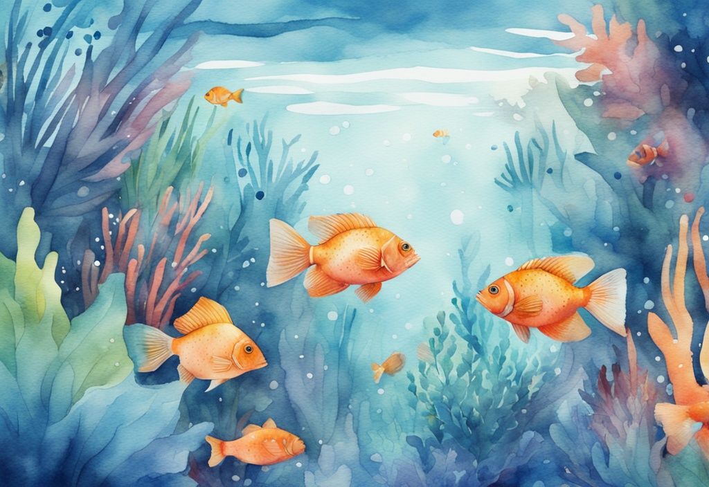 Illustration moderne en aquarelle avec des plantes d'aquarium et un système de filtration moderne, poissons colorés nageant autour, thème bleu sous-marin