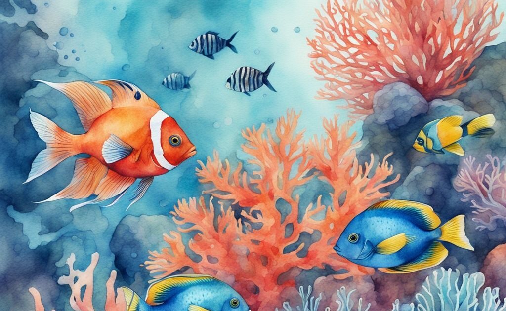 Illustration moderne en aquarelle avec les plus beaux poissons d'aquarium nageant parmi des coraux détaillés dans une scène vibrante et colorée.