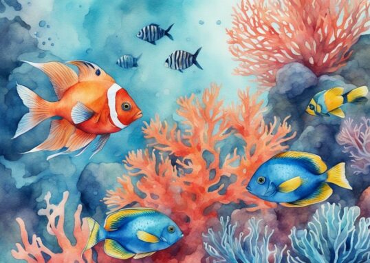 Illustration moderne en aquarelle avec les plus beaux poissons d'aquarium nageant parmi des coraux détaillés dans une scène vibrante et colorée.