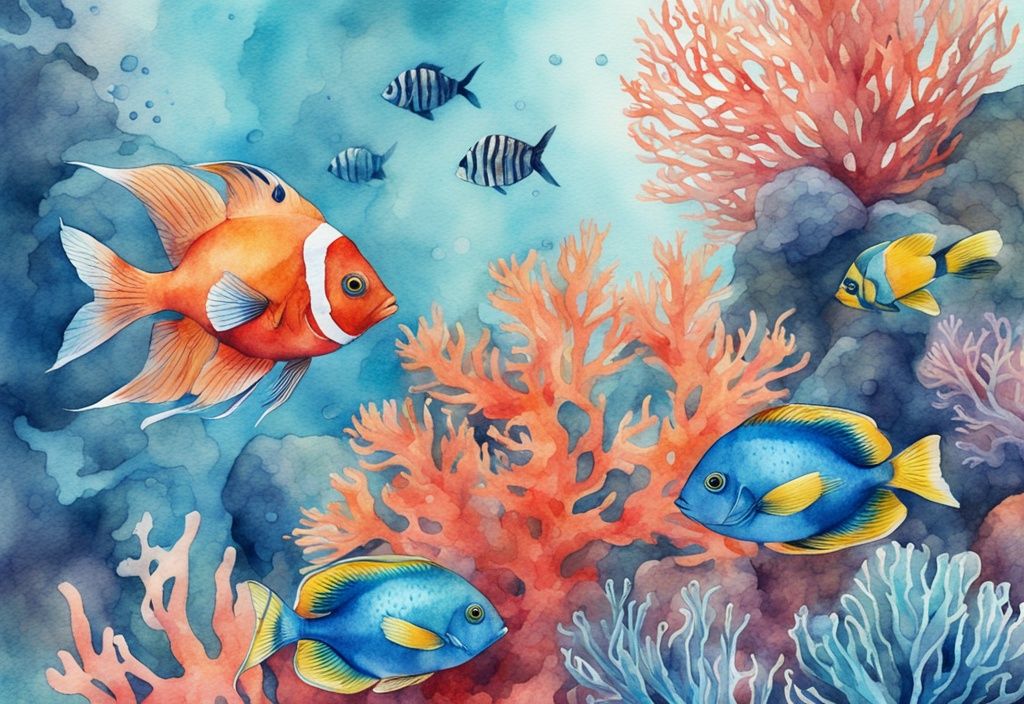 Illustration moderne en aquarelle avec les plus beaux poissons d'aquarium nageant parmi des coraux détaillés dans une scène vibrante et colorée.