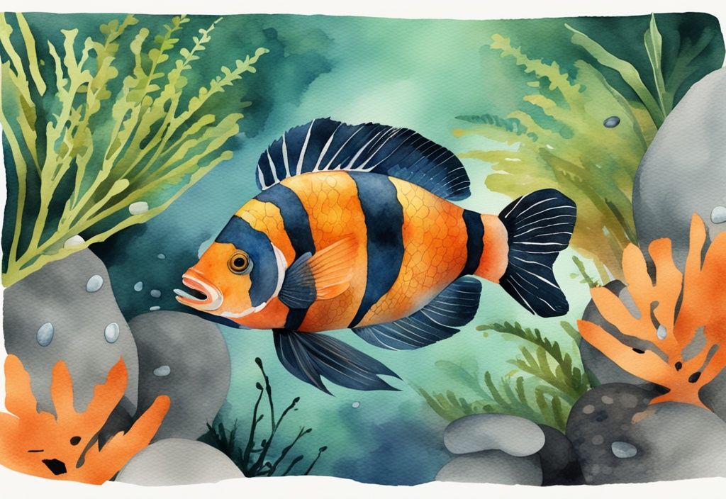 Illustration aquarelle moderne avec un poisson orange et noir eau douce nageant parmi des fougères aquatiques vertes et des galets.