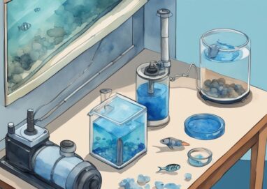 Illustration aquarelle moderne bleue d'une pompe aquarium ne fonctionne plus après nettoyage, démontée à côté d'un aquarium.