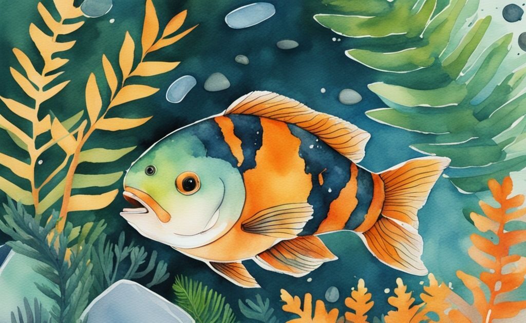 Illustration aquarelle moderne avec un poisson orange et noir eau douce nageant parmi des fougères aquatiques vertes et des galets.