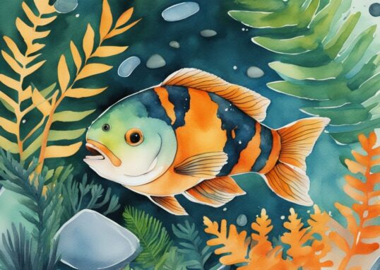 Illustration aquarelle moderne avec un poisson orange et noir eau douce nageant parmi des fougères aquatiques vertes et des galets.