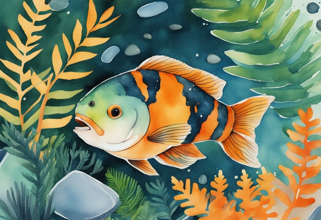 Illustration aquarelle moderne avec un poisson orange et noir eau douce nageant parmi des fougères aquatiques vertes et des galets.