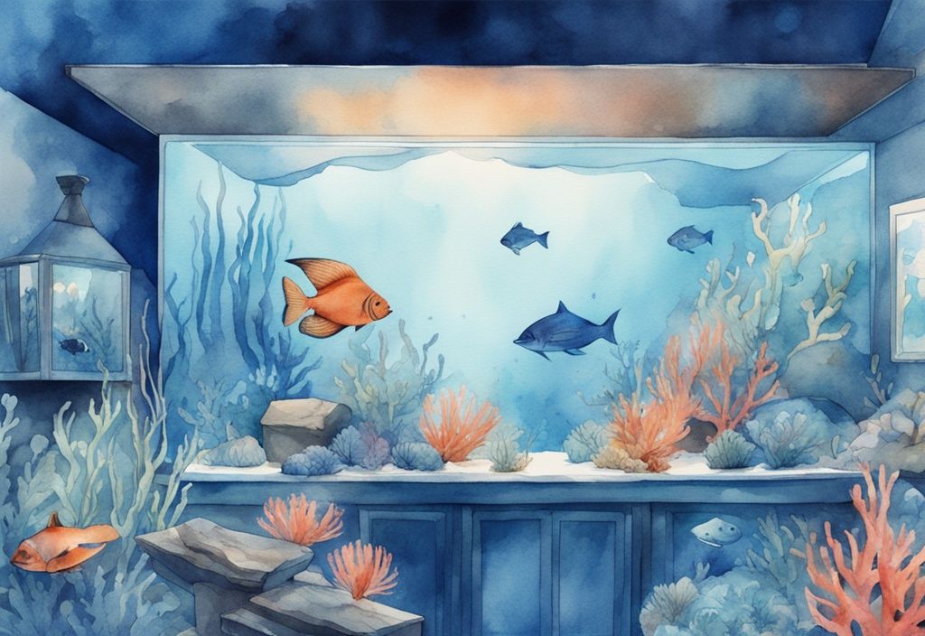 Illustration moderne d'aquarium éclairé en bleu avec vie marine vibrante, lumière bleu aquarium pourquoi