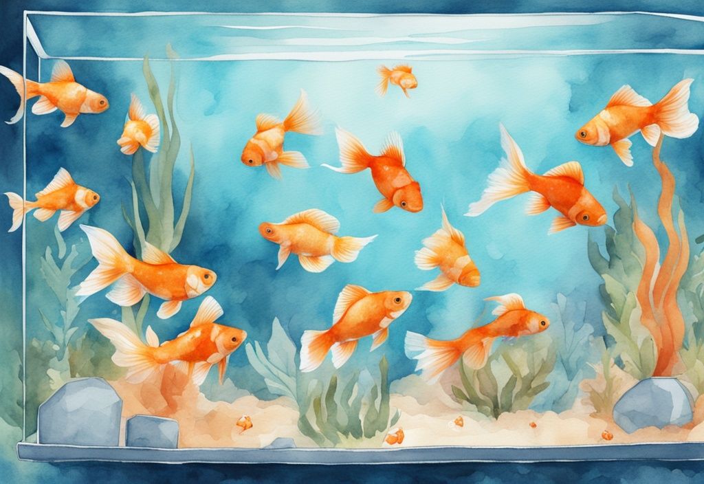 Illustration moderne en aquarelle d'un aquarium de 20 litres avec le nombre approprié de poissons rouges, montrant combien de poissons rouges dans un aquarium de 20 litres.