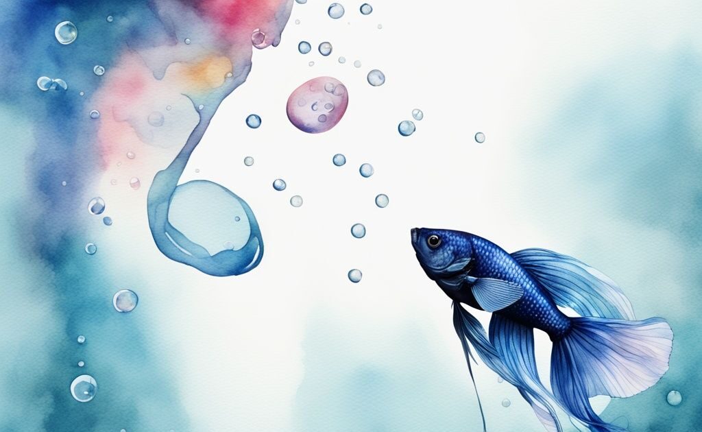 Illustration moderne en aquarelle d'un poisson Betta vibrant sous l'eau, soufflant une série de petites bulles vers la surface - pourquoi mon combattant fait des bulles.