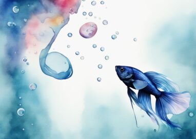 Illustration moderne en aquarelle d'un poisson Betta vibrant sous l'eau, soufflant une série de petites bulles vers la surface - pourquoi mon combattant fait des bulles.