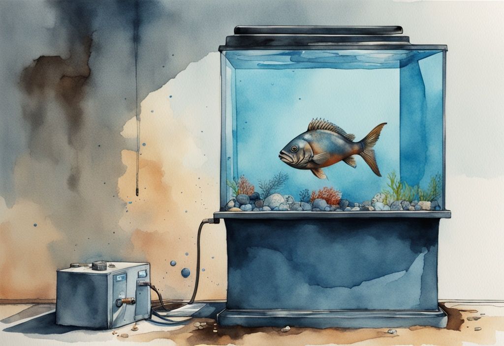 Illustration aquarelle moderne d'un aquarium rempli de vie avec une pompe cassée à l'extérieur, symbolisant négligence et beauté, thème coloré bleu.