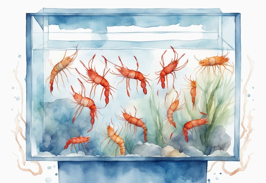 Illustration moderne en aquarelle avec des crevettes diverses nageant dans un aquarium transparent de 30 litres, thème de couleur bleu.