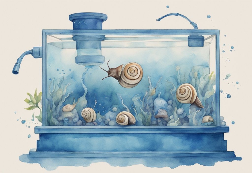 Illustration moderne en aquarelle bleue montrant des escargots dans un aquarium et des mains utilisant un piège à escargots pour les enlever, comment se débarrasser des escargots dans un aquarium.