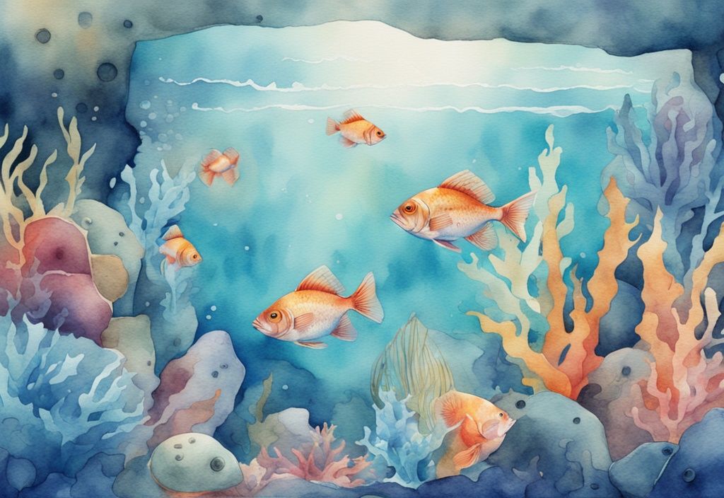 Illustration moderne en aquarelle avec des poissons moches et colorés nageant dans un aquarium détaillé et bien éclairé.