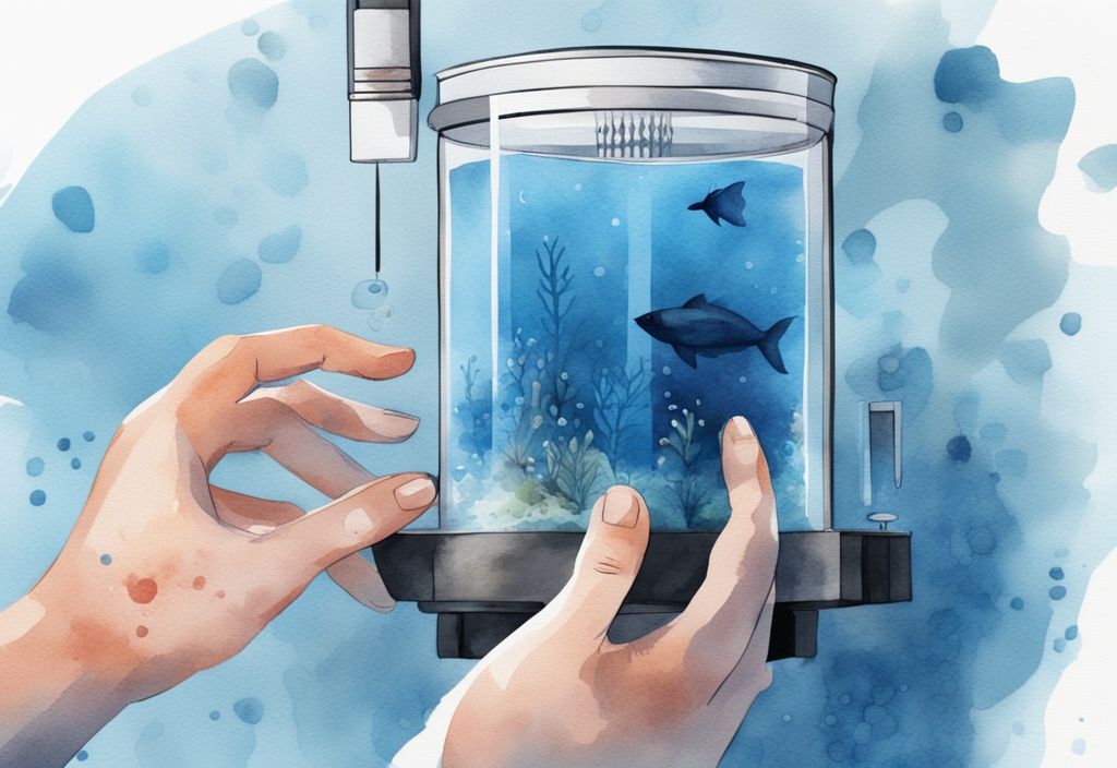 Illustration moderne en aquarelle avec thème bleu montrant une personne plaçant du charbon actif dans un filtre d'aquarium, avec un minuteur numérique affichant une durée en arrière-plan. Charbon actif aquarium combien de temps.