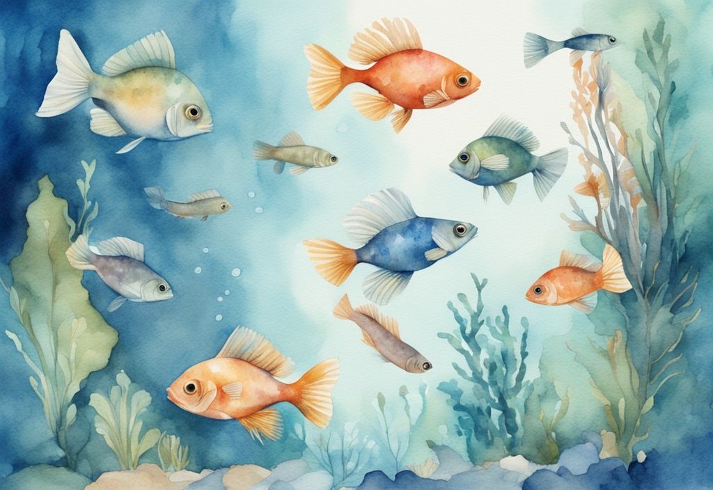 Illustration moderne en aquarelle de poissons d'eau douce colorés nageant dans un aquarium bien décoré et lumineux, thème bleu.