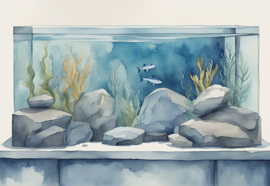 Illustration moderne en aquarelle avec thème bleu, aquarium avec pierre Inwa au centre, pompe inactive et eau immobile