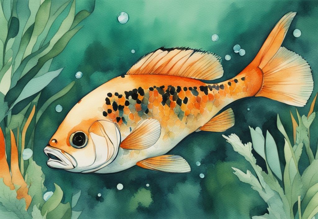 Illustration moderne en aquarelle avec poisson d'eau douce orange et noir nageant à travers des plantes sous-marines émeraude dans un étang cristallin.