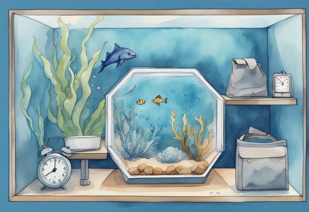 Illustration moderne en aquarelle d'un aquarium avec de l'eau claire, insertion d'un sac de charbon actif, avec une horloge indiquant le passage du temps, thème bleu.