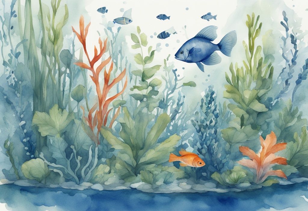 Illustration moderne en aquarelle avec thème bleu, plantes d'aquarium flottant délicatement sur l'eau, diverses espèces de plantes et poissons dans un réservoir d'eau douce lumineux.