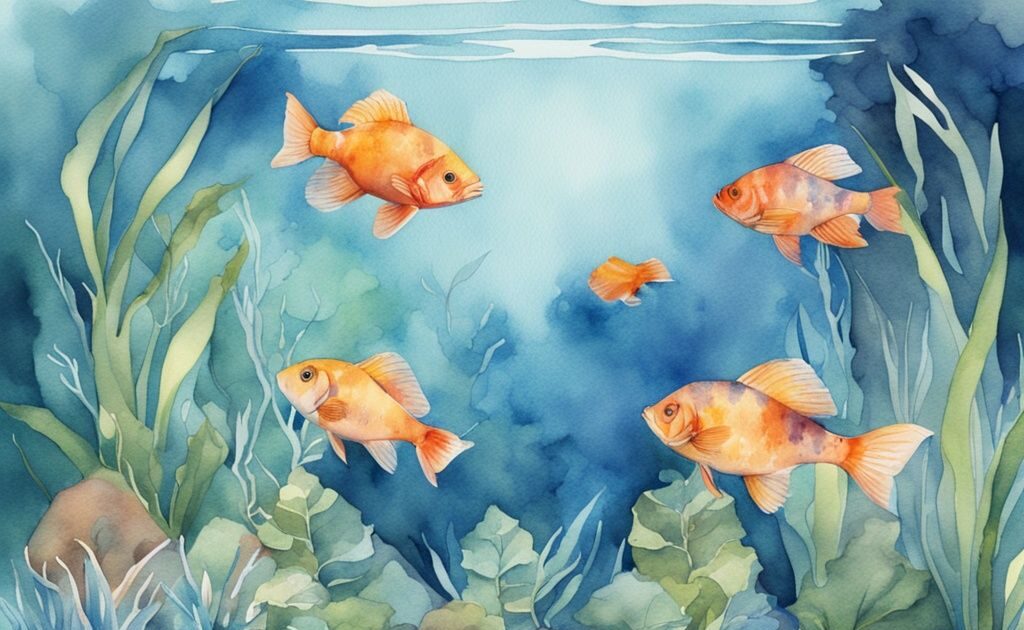 Illustration moderne en aquarelle de gros poisson aquarium eau douce nageant paisiblement parmi les plantes aquatiques dans un grand réservoir.