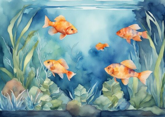 Illustration moderne en aquarelle de gros poisson aquarium eau douce nageant paisiblement parmi les plantes aquatiques dans un grand réservoir.