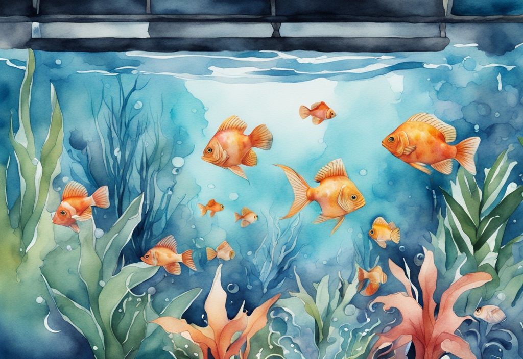 Illustration moderne en aquarelle d'un aquarium vibrant avec des poissons tropicaux et des plantes aquatiques luxuriantes, thème bleu.